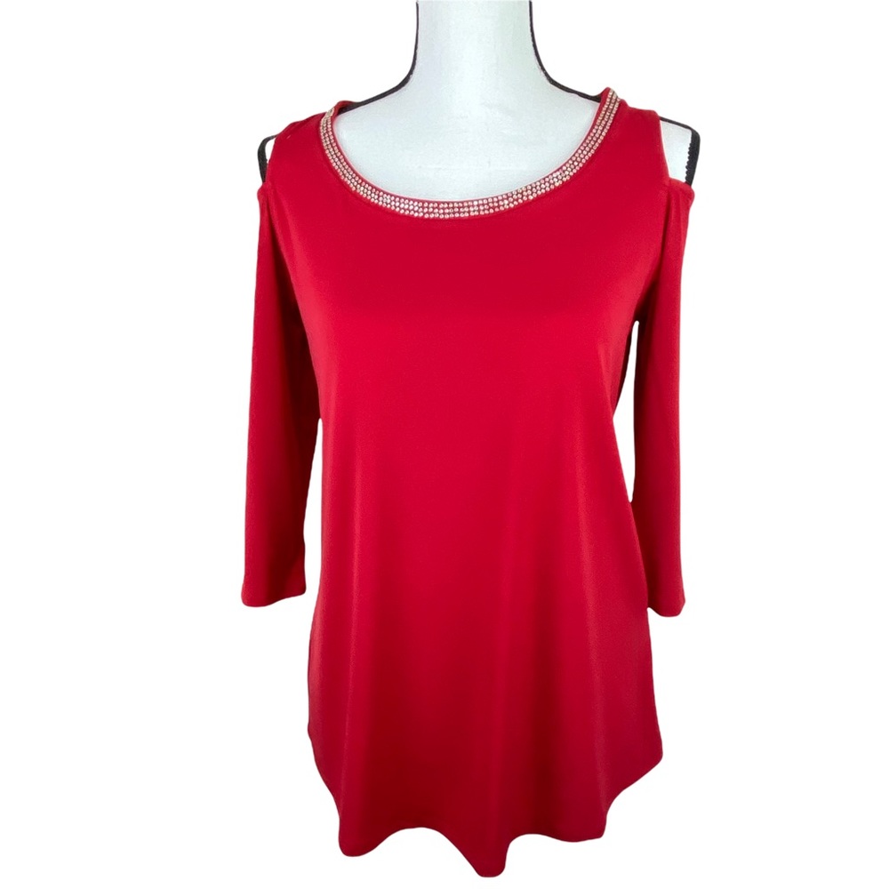 JM Collection Cold Shoulder Studded Embellished Neckline Pullover Top SZ PM